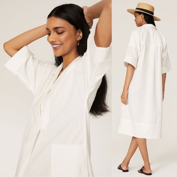 CLUB MONACO Cotton Silk Textured Stripe Short Sleeve V-Neck Midi Shirt Dress M - Picture 4 of 6